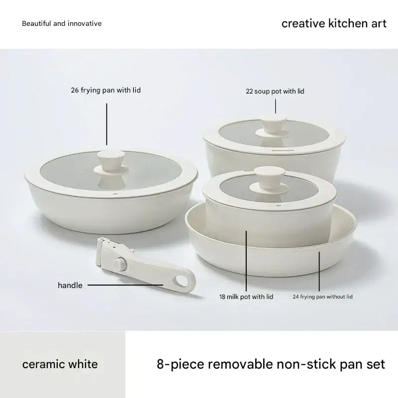 Ceramic Removable Non Stick Cookware Handle Frying Pot Set - 8 pieces - 26 frying pan with lid + 24 frying pan without