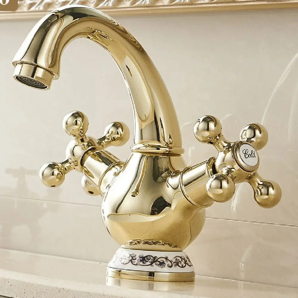 Chrome Brass Single Hole Dual Handle Classic Faucet - Golden - Faucets