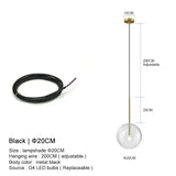 Clear Glass Ball Bedside Pendant Hanging Lamp - Black Wire - 20 cm / Hanging Wire - 200 cm / Warm White - Pendant Lamp