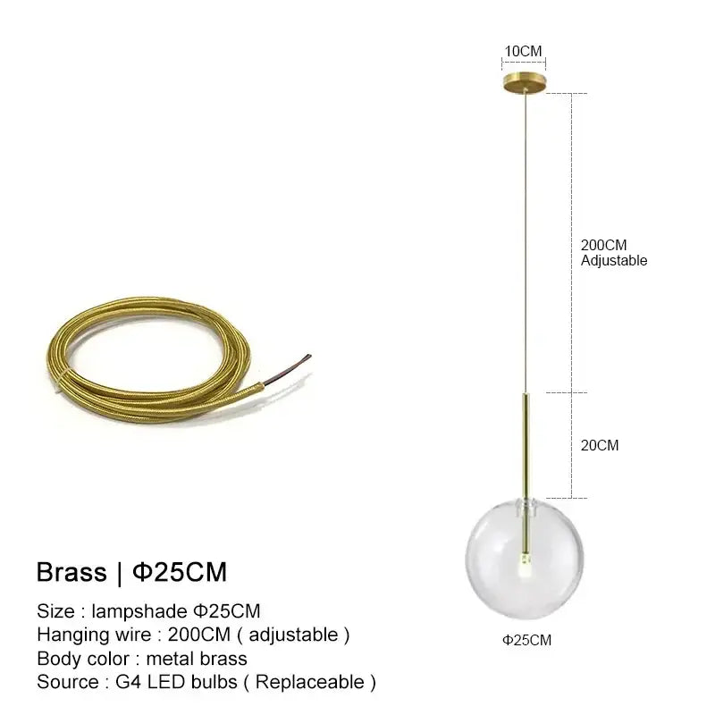 Clear Glass Ball Bedside Pendant Hanging Lamp - Brass Wire - 25 cm / Hanging Wire - 200 cm / Warm White - Pendant Lamp
