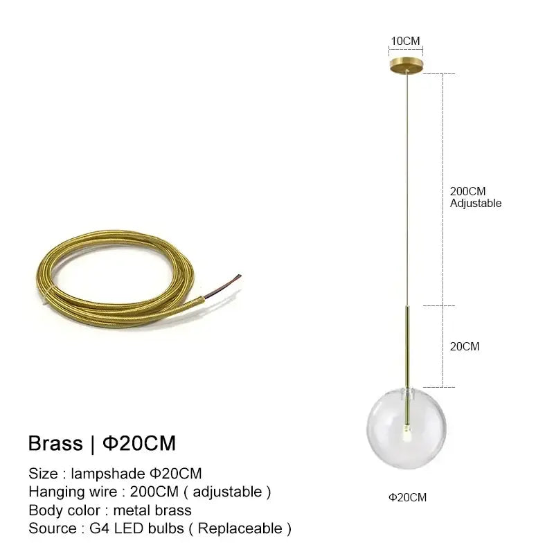 Clear Glass Ball Bedside Pendant Hanging Lamp - Brass Wire - 20 cm / Hanging Wire - 200 cm / Warm White - Pendant Lamp
