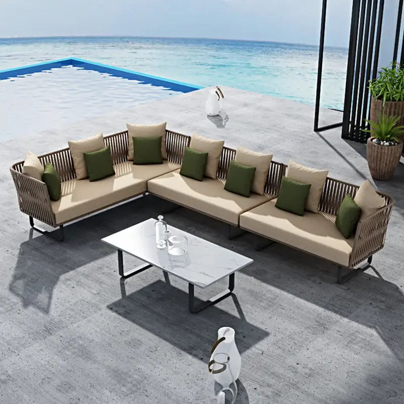 Close up of modern rattan weave texture on U-shape outdoor sofa set garden furniture
