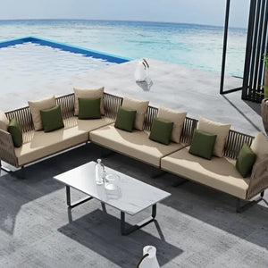 Close up of natural rattan weave texture on modern U-Shape outdoor sofa set garden furniture