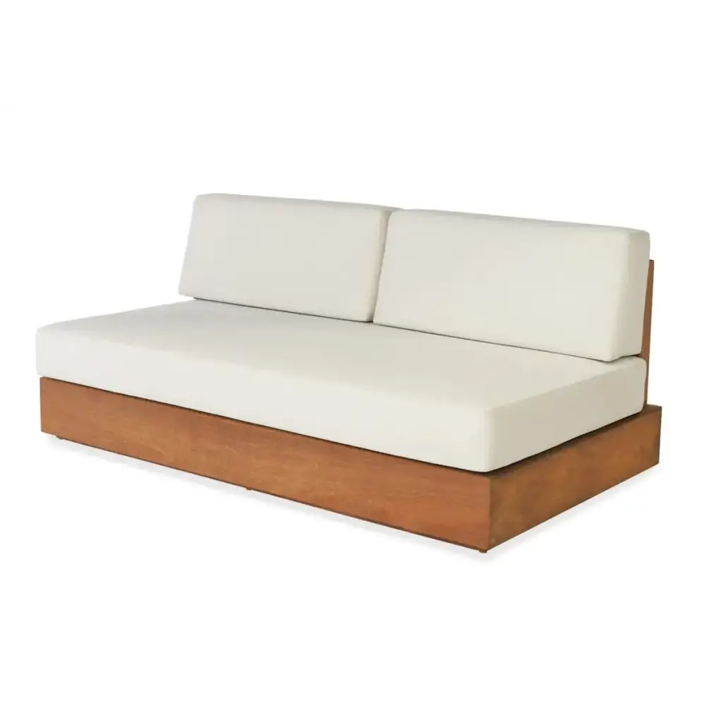 Close up of natural teak wood grain and weather resistant finish on modern outdoor sofa set