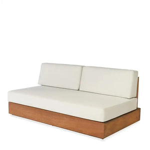 Close up of natural teak wood grain and weather resistant finish on modern outdoor sofa set