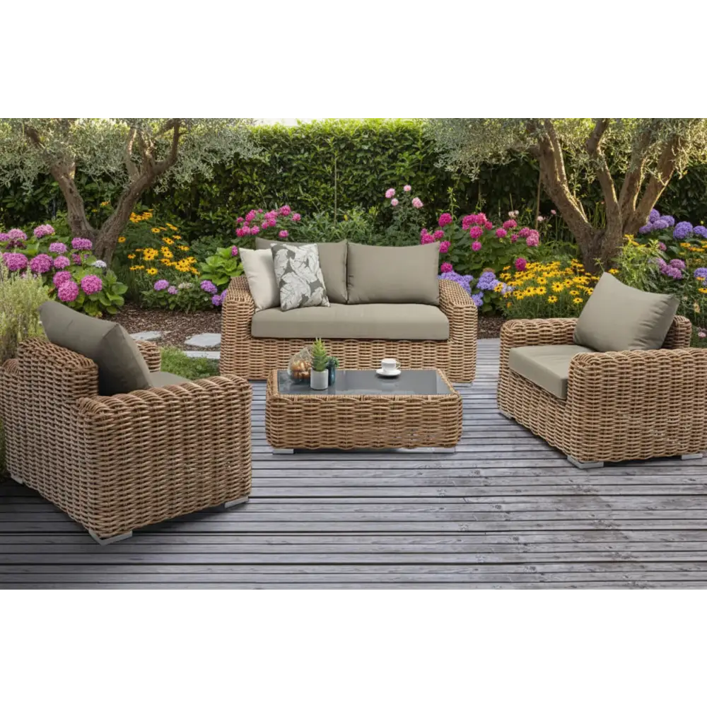 Close-up of natural wicker rattan weave texture on outdoor patio sofa set