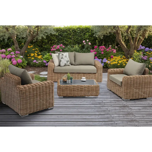 Close-up of natural wicker rattan weave texture on outdoor patio sofa set