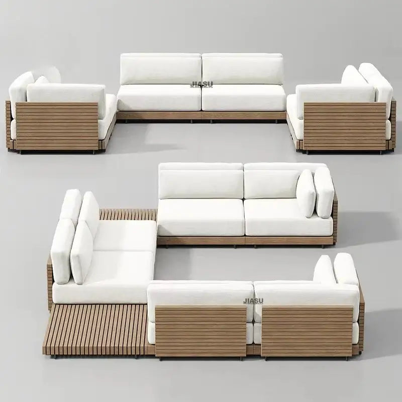 Close up of teak wood grain and dark gray upholstery on modular sectional sofa