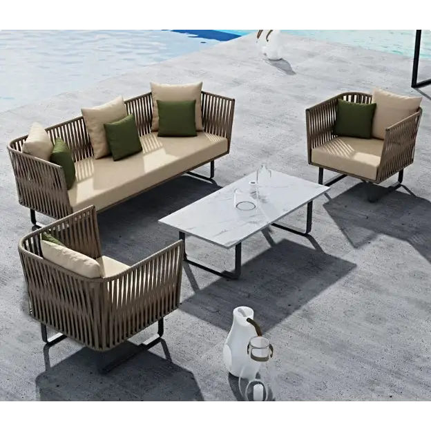 Close up of woven rattan texture on modern outdoor sofa set garden furniture