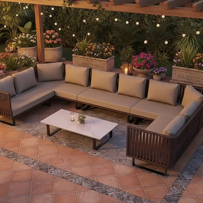Close up of woven rattan texture on modern U-shape outdoor sofa set garden furniture