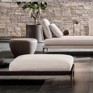 Close up of woven rattan weave texture on modular outdoor sofa set cushions and frame detail