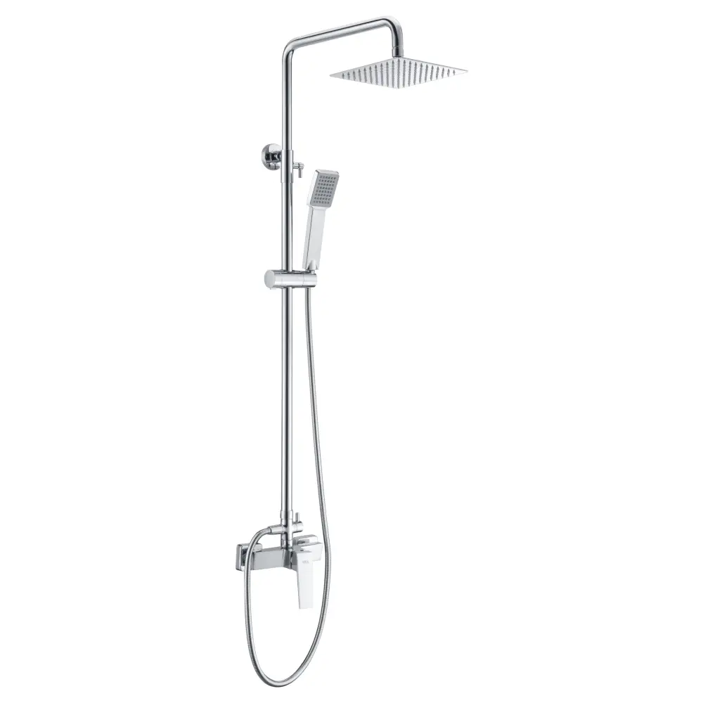 Chrome single handle shower set with modern minimalist design on white background