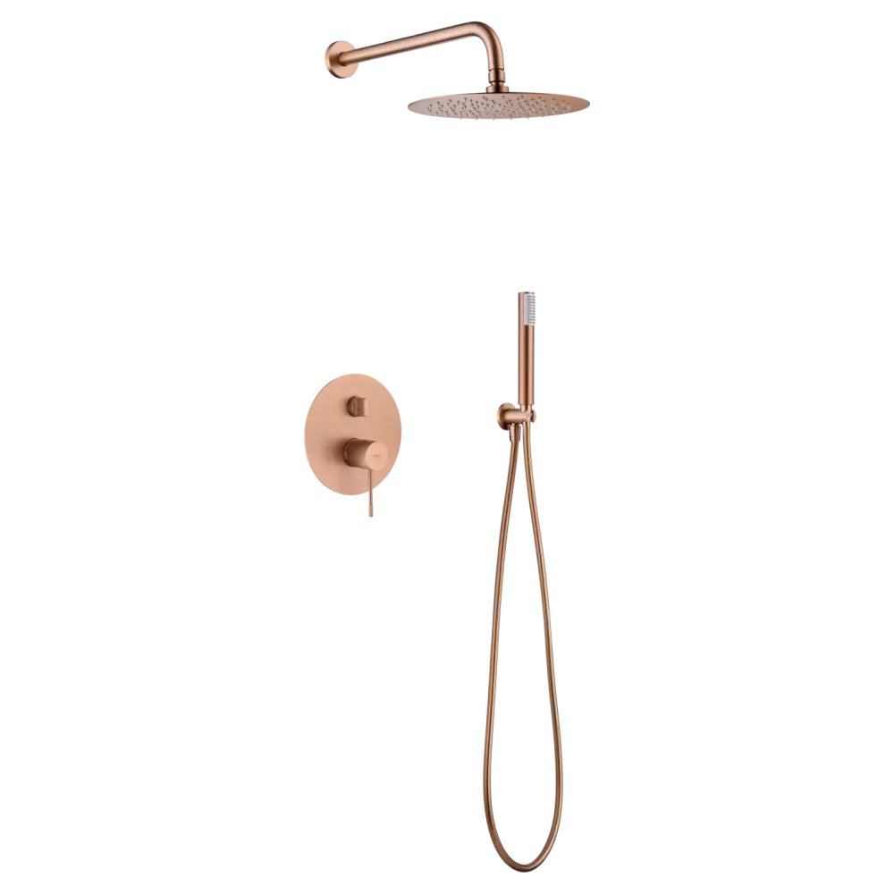 Brushed rose gold single handle recessed shower set fixture closeup