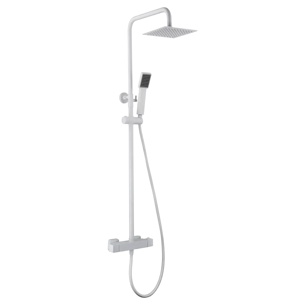Matte white thermostatic shower set with rainfall showerhead and sleek design