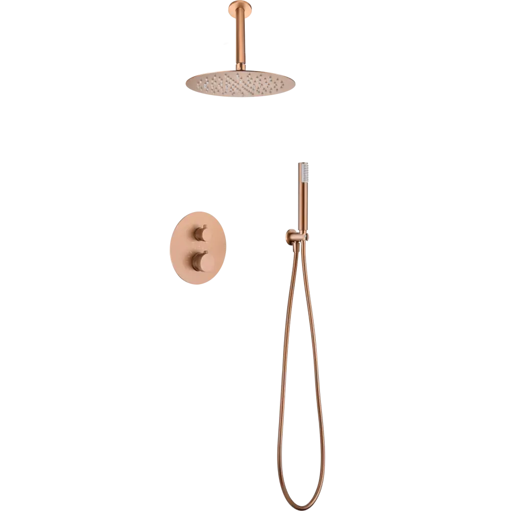 Brushed rose gold thermostatic built-in shower set with modern fixtures