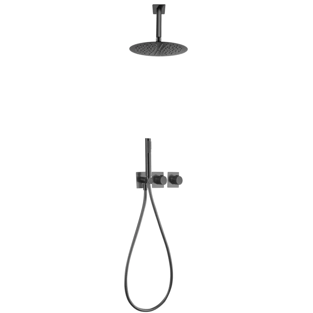 Matte black built-in thermostatic shower set with gun metal finish