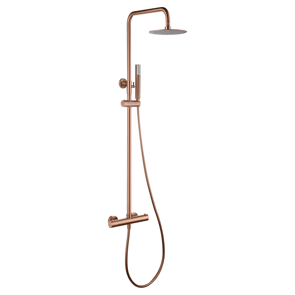 Genova brushed rose gold thermostatic shower set with gold fixtures