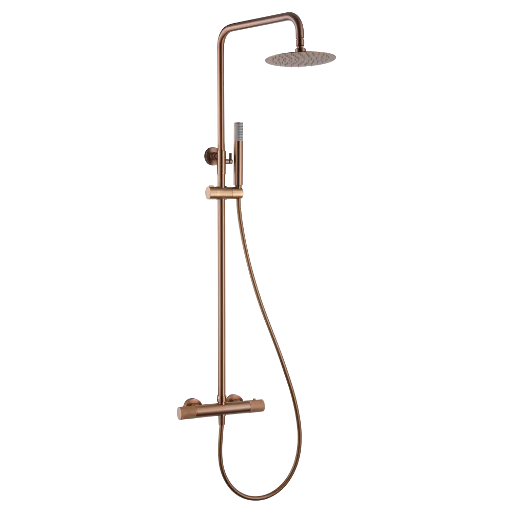 Brushed rose gold thermostatic shower set with modern fixtures and elegant finish