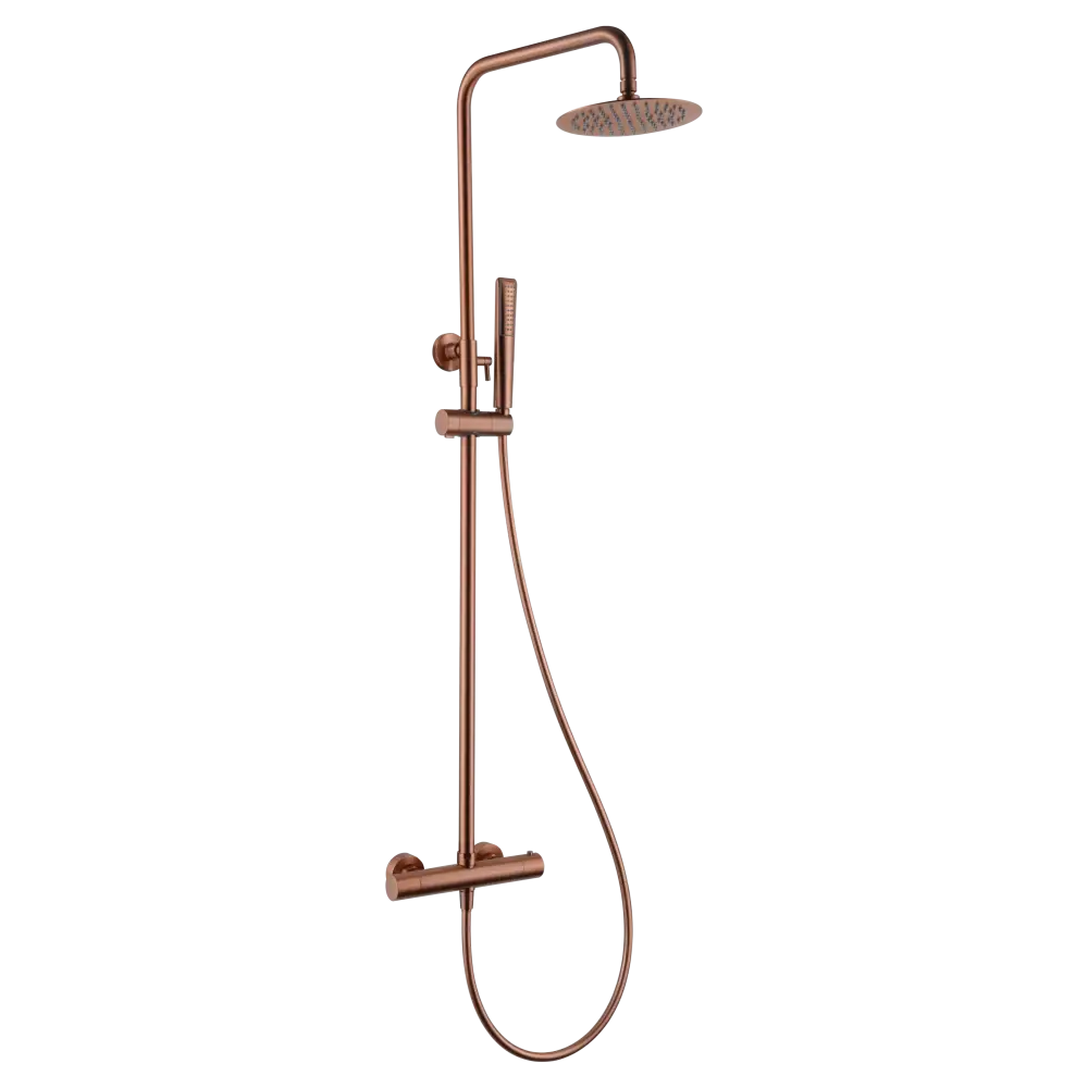 Brushed rose gold thermostatic shower set with modern gold fixtures and sleek design