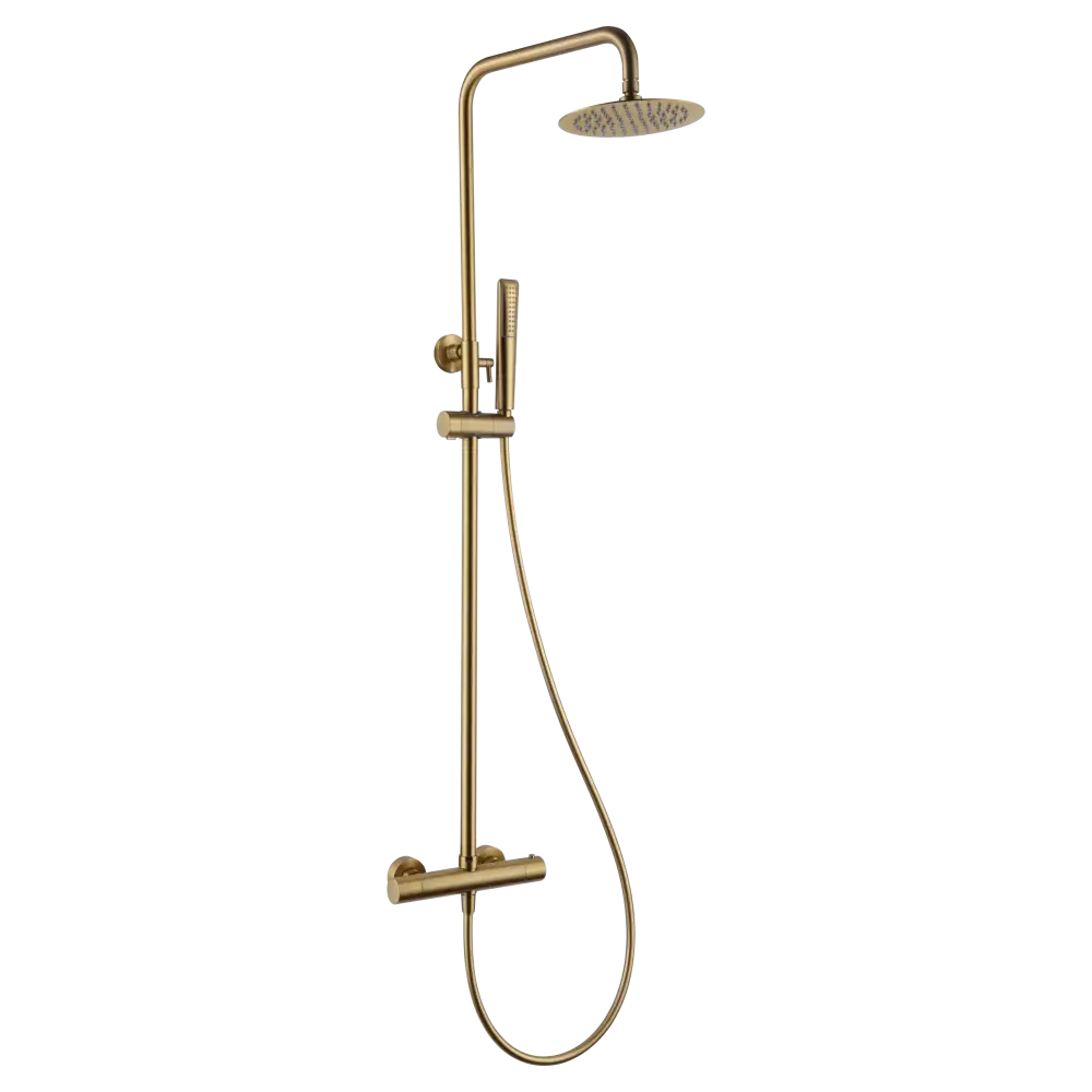 Napoles brushed gold thermostatic shower set with modern design on white background
