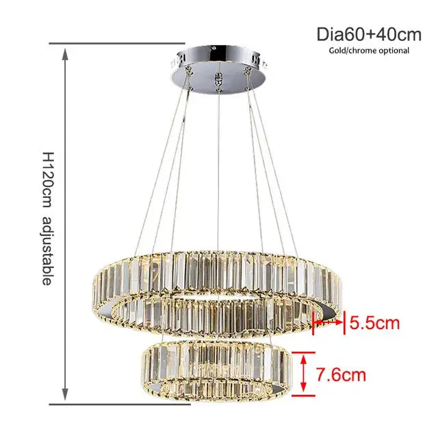Crystal Ring Large Chandelier Pendant Lamp - D60 D40 2 Rings / Cold White / Gold body - Chandelier