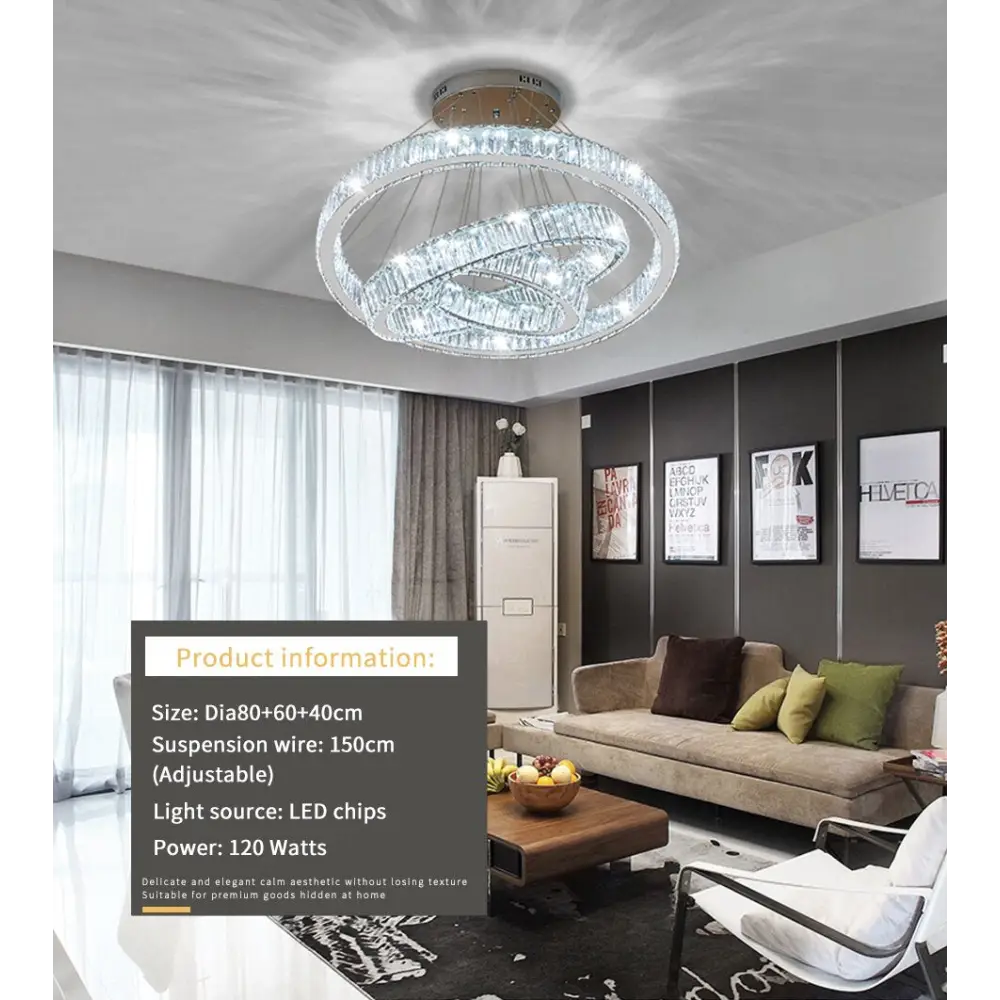 Crystal Ring Large Chandelier Pendant Lamp - D80 D60 D40 3Rings / Cold White / Gold body - Chandelier