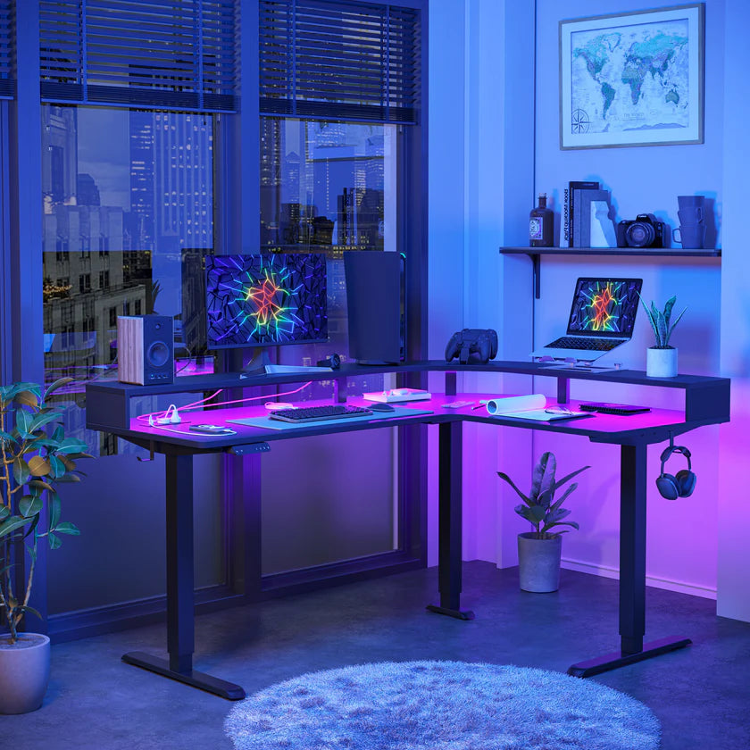 Triple Motor L-Shaped Standing Desk with Ambient Light & Outlets