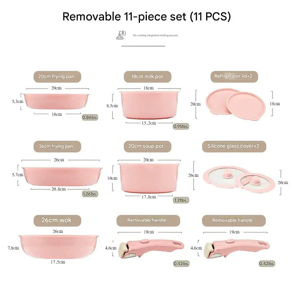 Detachable Handle Non Stick Cookware Set - Detachable 11-piece set-pink - Cookware set
