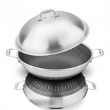 Double Handle Stainless Steel Non Stick Wok - Double Sided screen + steel cover / Diameter 34cm - Cookware set