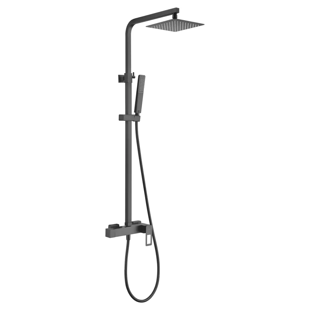 Matte black modern shower set with single handle design against white background
