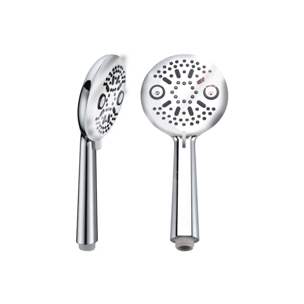 Chrome shower handle with modern minimalist design on white background