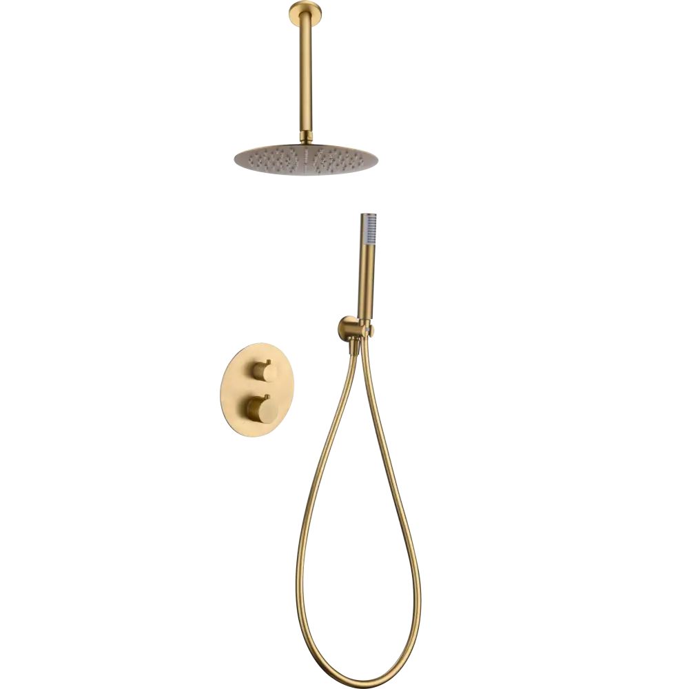 Gold brushed thermostatic shower set with built-in recessed design installation