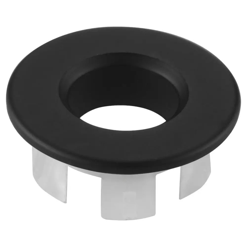 Matte black sink overflow trim ring faucet accessory closeup