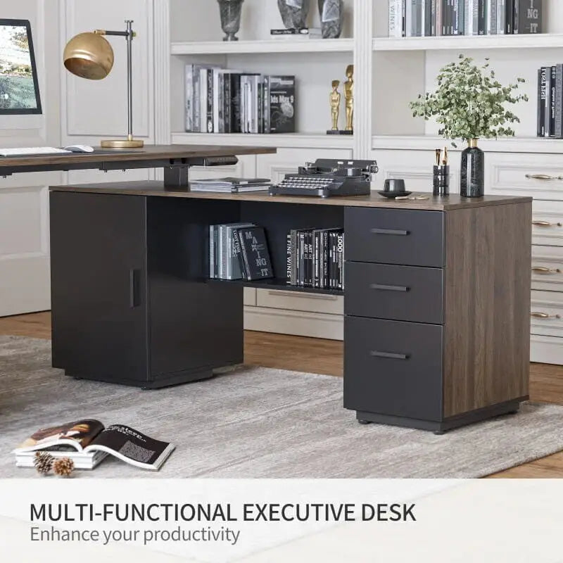 Executive Standing L-Shaped Desk with 3-Drawer File Cabinet