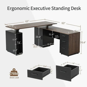 Executive Standing L-Shaped Desk with 3-Drawer File Cabinet