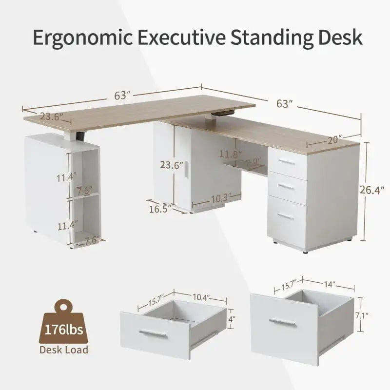 Executive Standing L-Shaped Desk with 3-Drawer File Cabinet