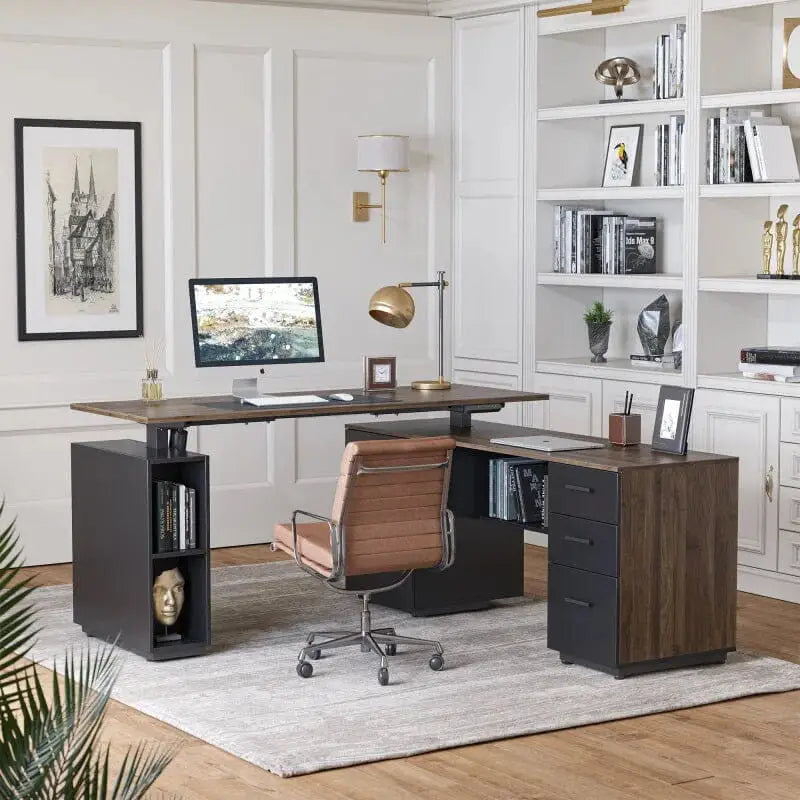 Executive Standing L-Shaped Desk with 3-Drawer File Cabinet