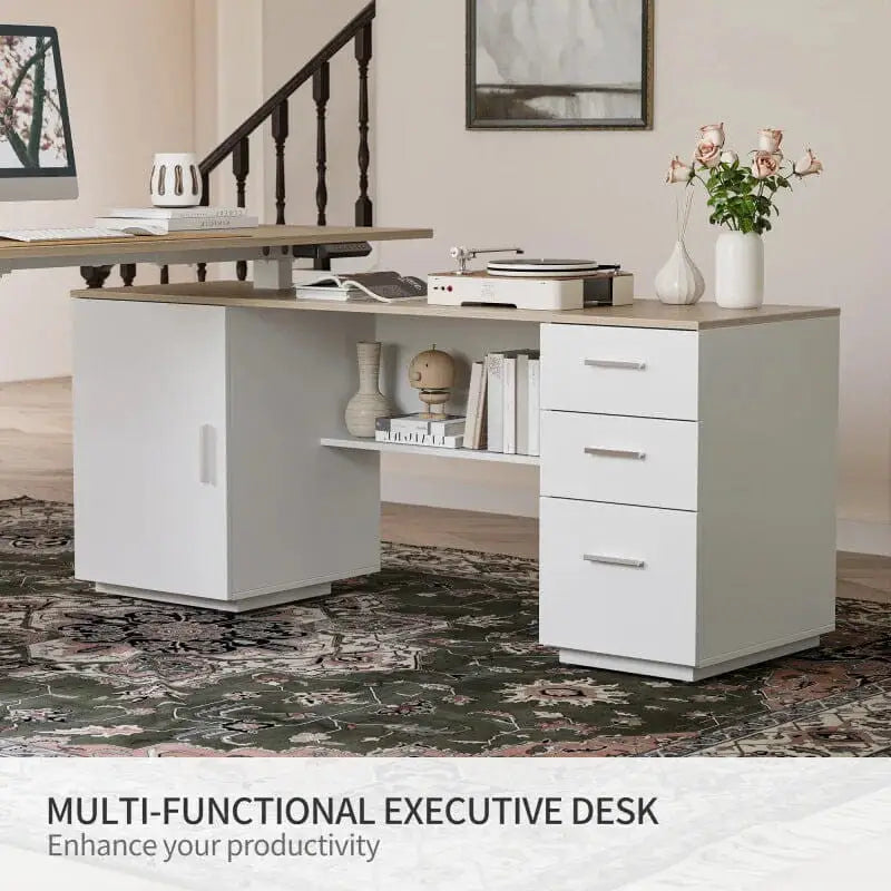 Executive Standing L-Shaped Desk with 3-Drawer File Cabinet