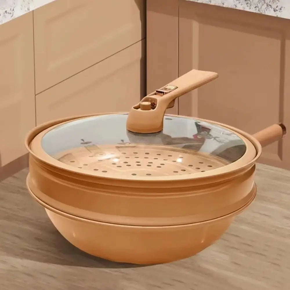 Functional Clay Steamer Flat Bottom Uncoated Wok Pan - Wok Steamer / 32cm - Cookware set