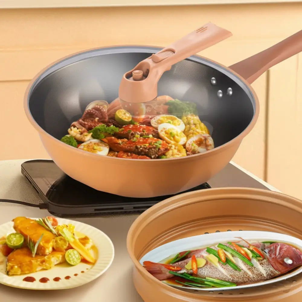 Functional Clay Steamer Flat Bottom Uncoated Wok Pan - Wok Steamer / 32cm - Cookware set