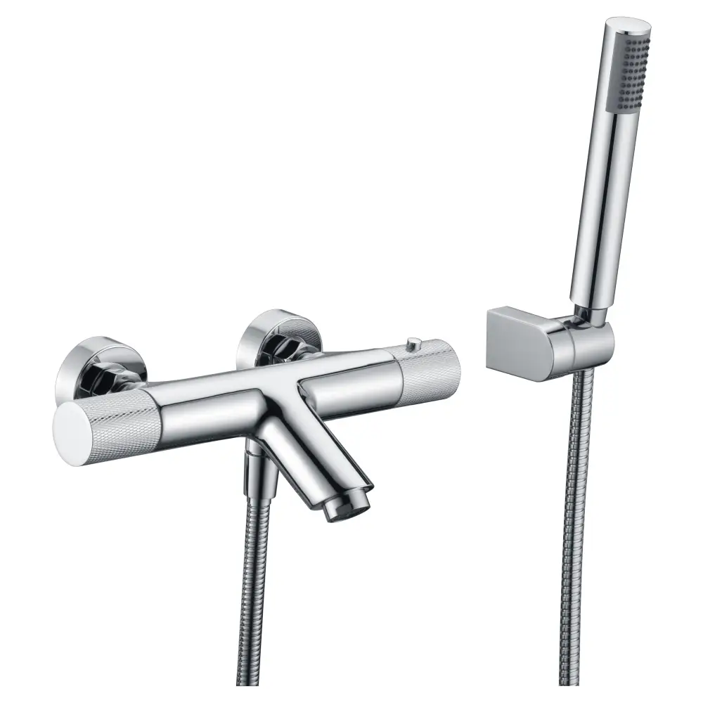 Chrome thermostatic shower faucet with temperature control dial closeup
