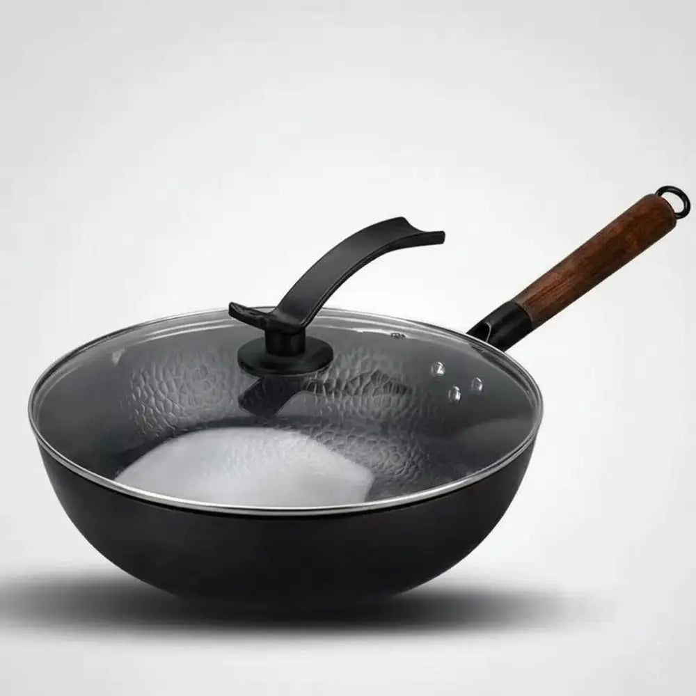 Iron Hand Forged Non Stick Uncoated Wok - Hammered wok + tempered lid - 32cm - Cookware set