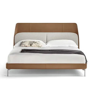 Italian Minimalist High Backrest Double Wood Bed Frame - Genuine leather 1.5 - Bedroom