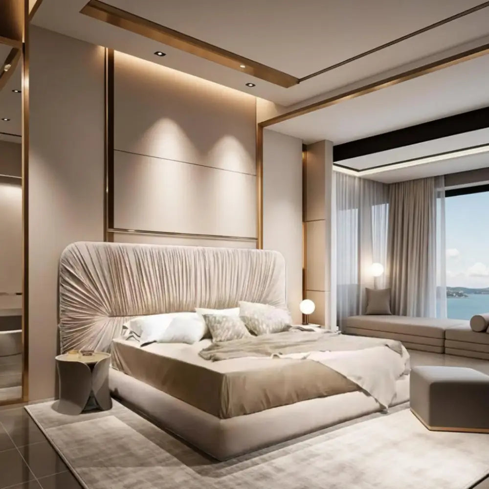 Italian Minimalist Queen French Pleated Bed Frame - Bedroom