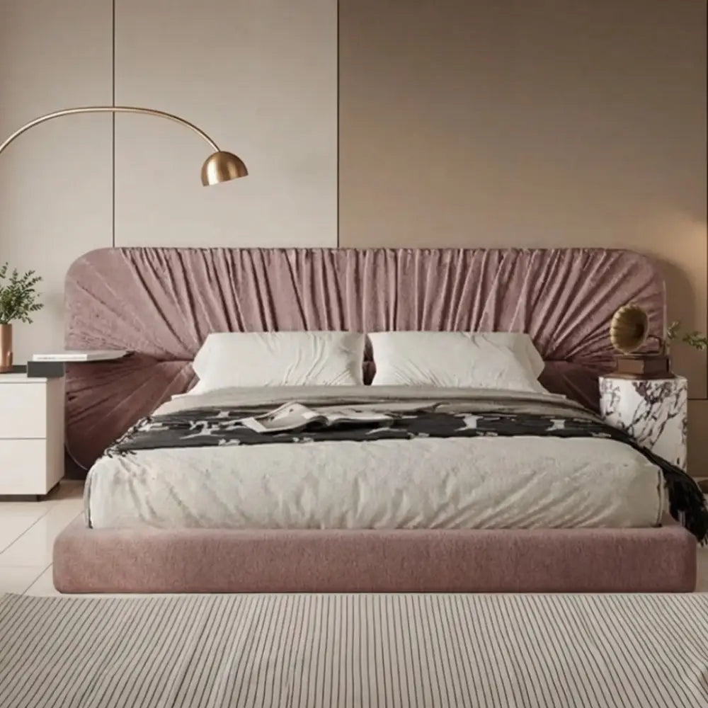 Italian Minimalist Queen French Pleated Bed Frame - Beige / 150 x 200 cm - Bedroom