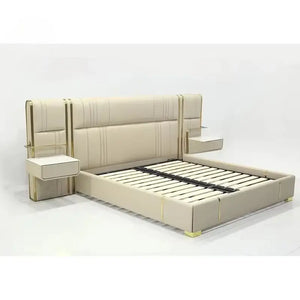 PU Leather King Large Headboard Side Table Bed Frame - Beige - Bedroom