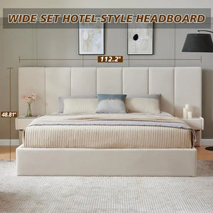 King Upholstered Lift Up Storage Velvet Headboard Bed Frame - Beige - Bedroom