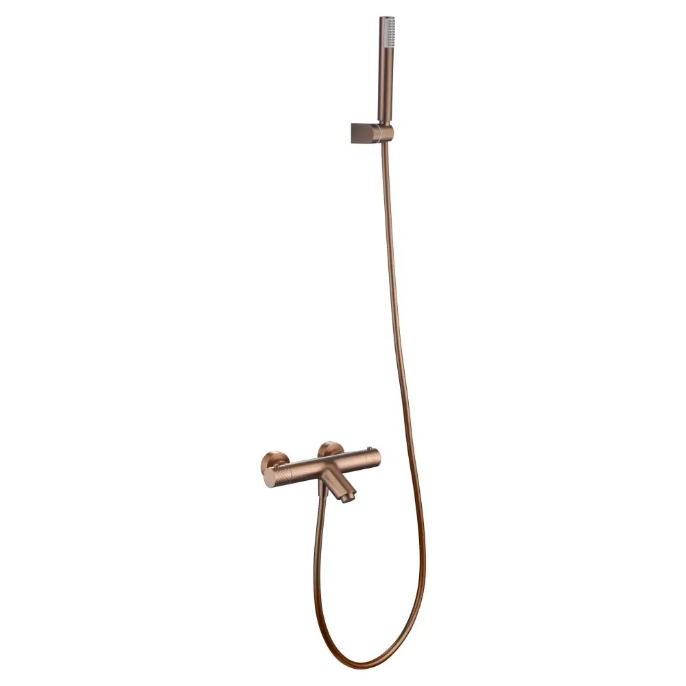 Genoa brushed rose gold thermostatic shower bath kit with gold fixtures