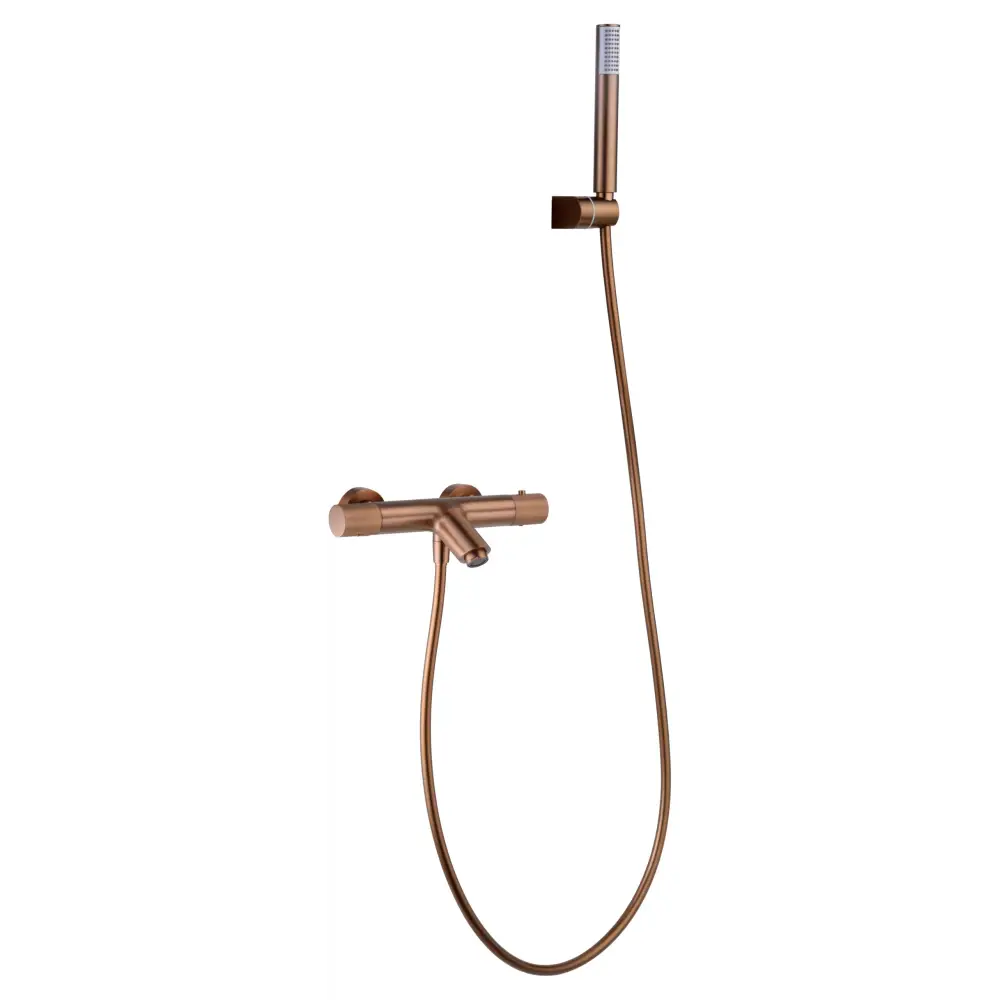 Brushed rose gold thermostatic shower kit with overhead rainfall showerhead and handheld spray