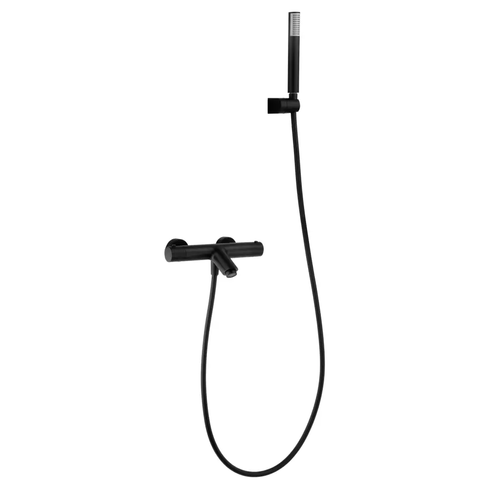 Matte black thermostatic shower bath kit with modern design and chrome fixtures
